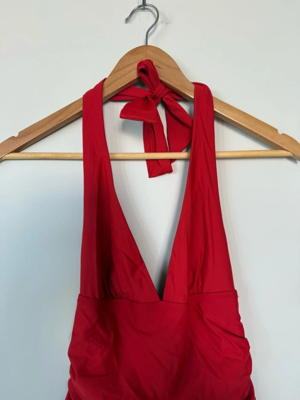 DKNY Women's Triangle Halter One Piece Red Swimsuit Rouched Front - Picture 5 of 13